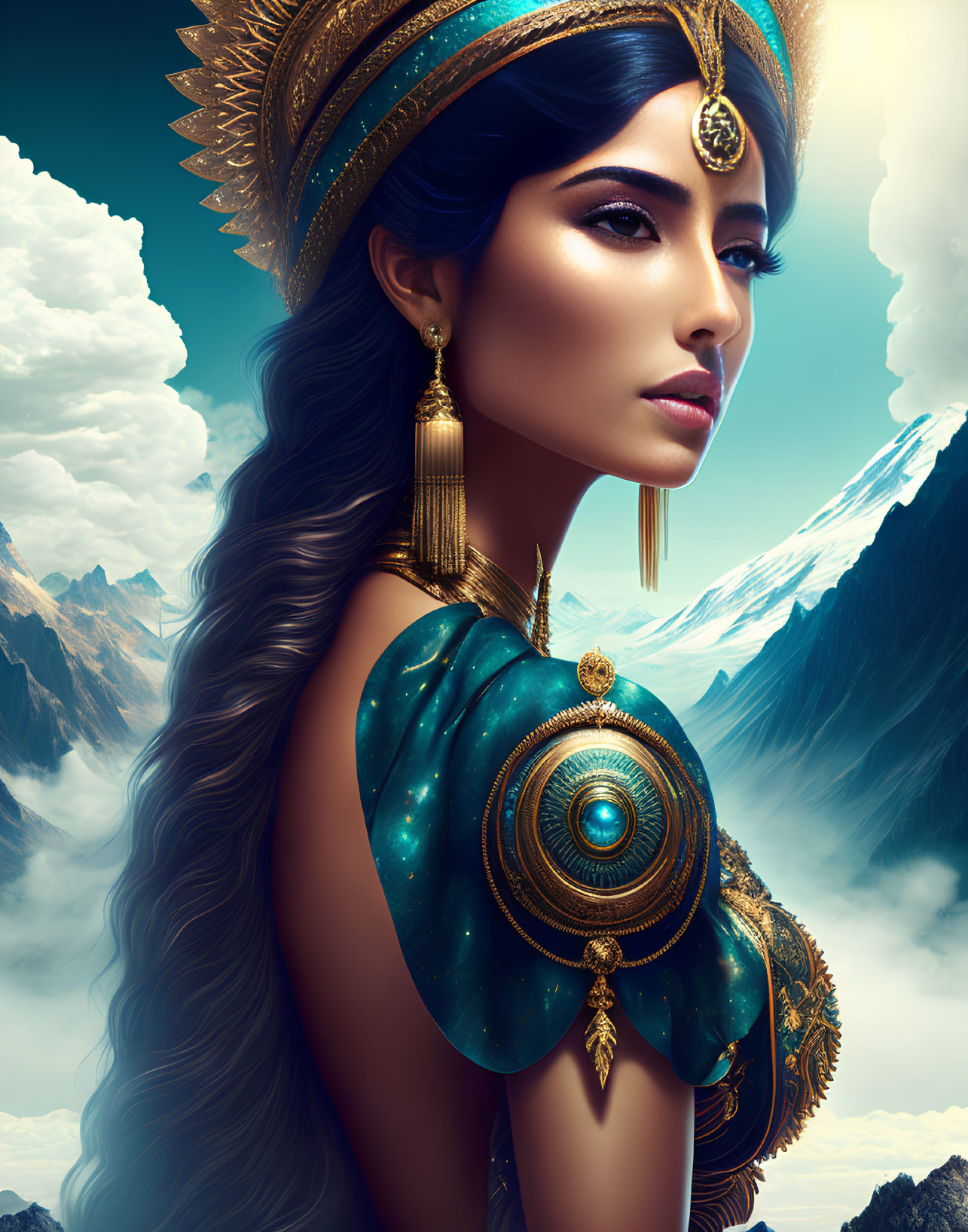 Digital artwork: Woman adorned with gold jewelry and headdress against mountain backdrop