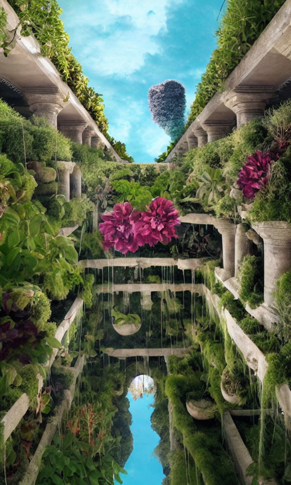 Symmetrical garden with lush greenery, pink flowers, and reflection in water.