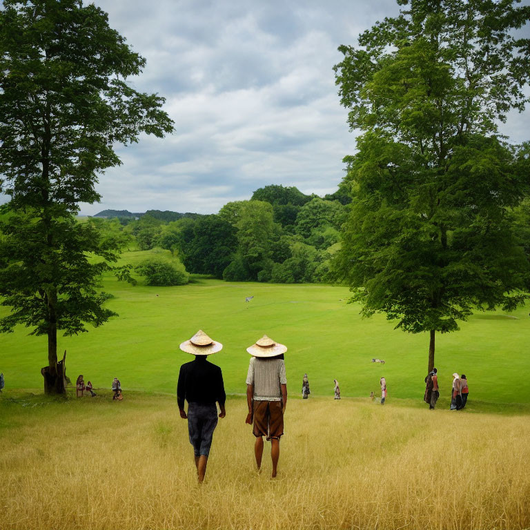 Two people in straw hats walking in golden field towards green landscape.
