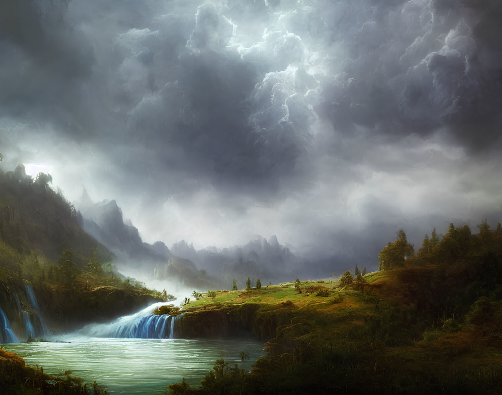 Scenic landscape with storm clouds, sunlight, waterfalls, river, mountains