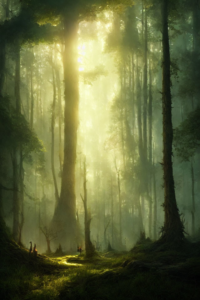 Misty forest scene with sunlight filtering through green foliage