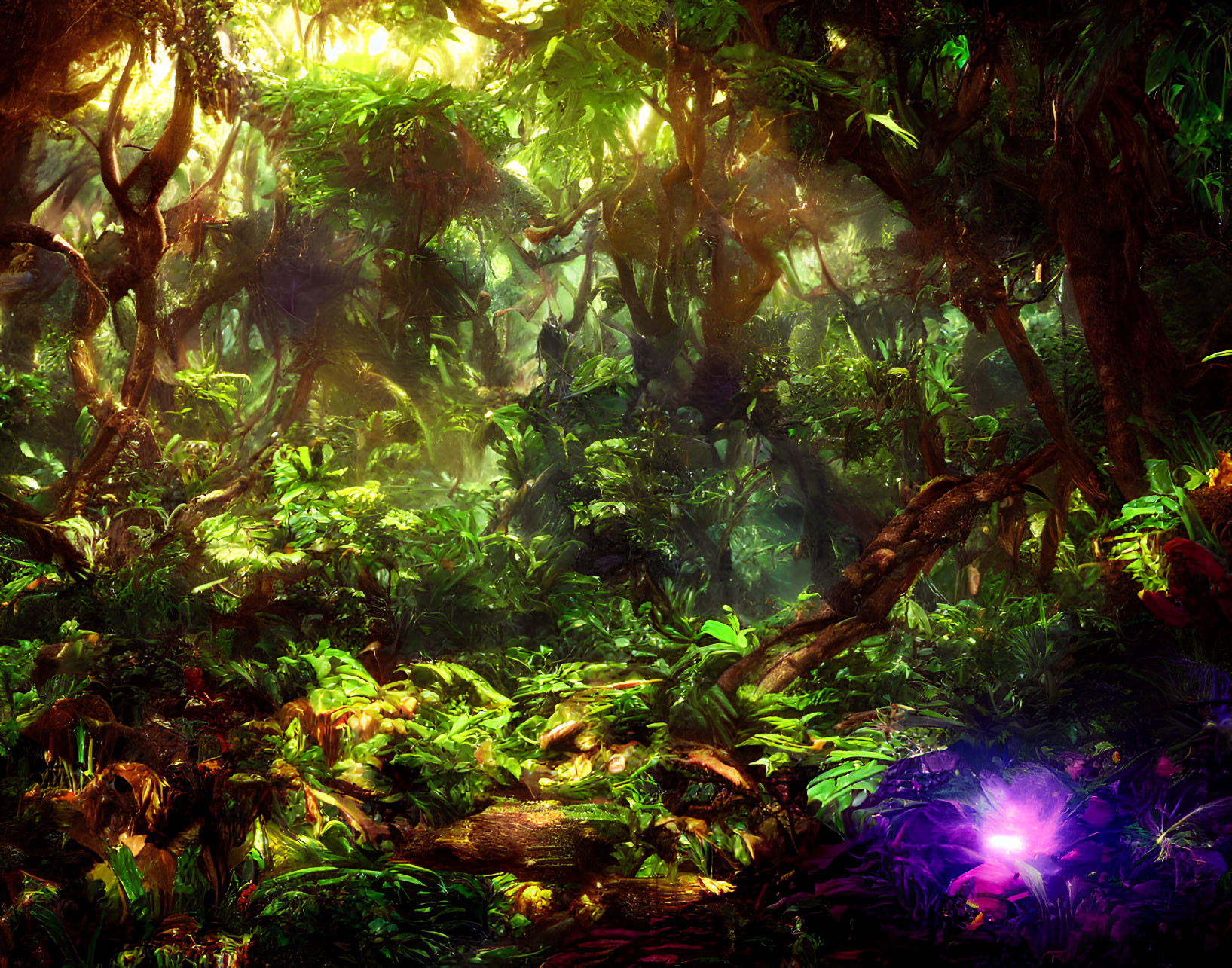 Lush green jungle with sunlight and mysterious purple glow