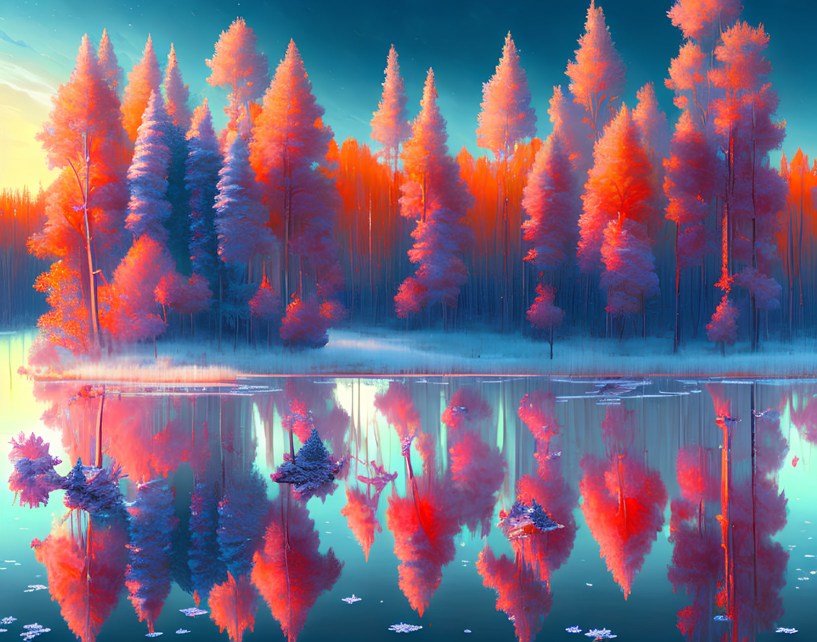 Colorful Forest Scene: Orange and Blue Hues Reflecting on Tranquil Lake
