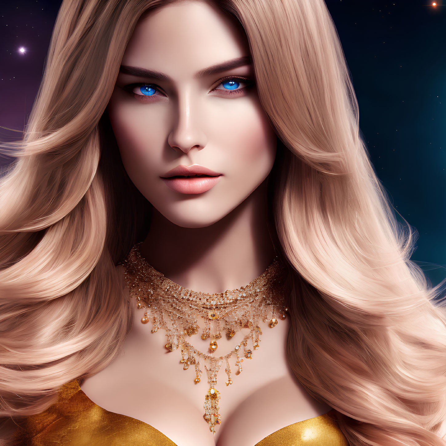 Blonde woman with blue eyes in gold jewelry on starry background