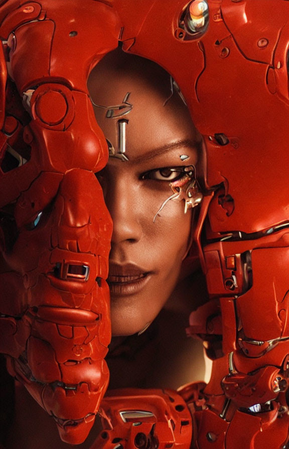 Futuristic red mechanical structure with visible eye