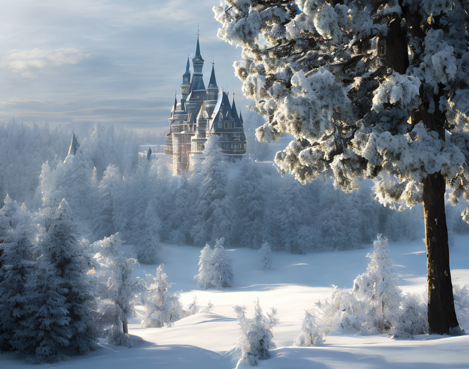 Snow-covered trees and majestic castle in serene winter landscape