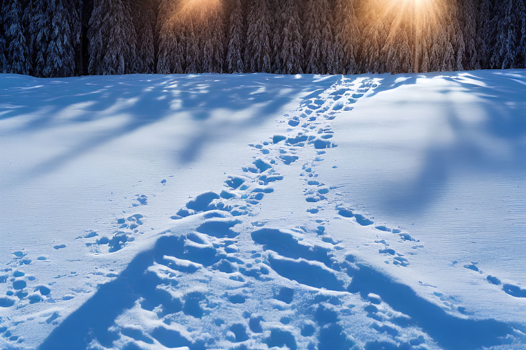 Snowy landscape with footprints, elongated tree shadows, and warm sunlight glow