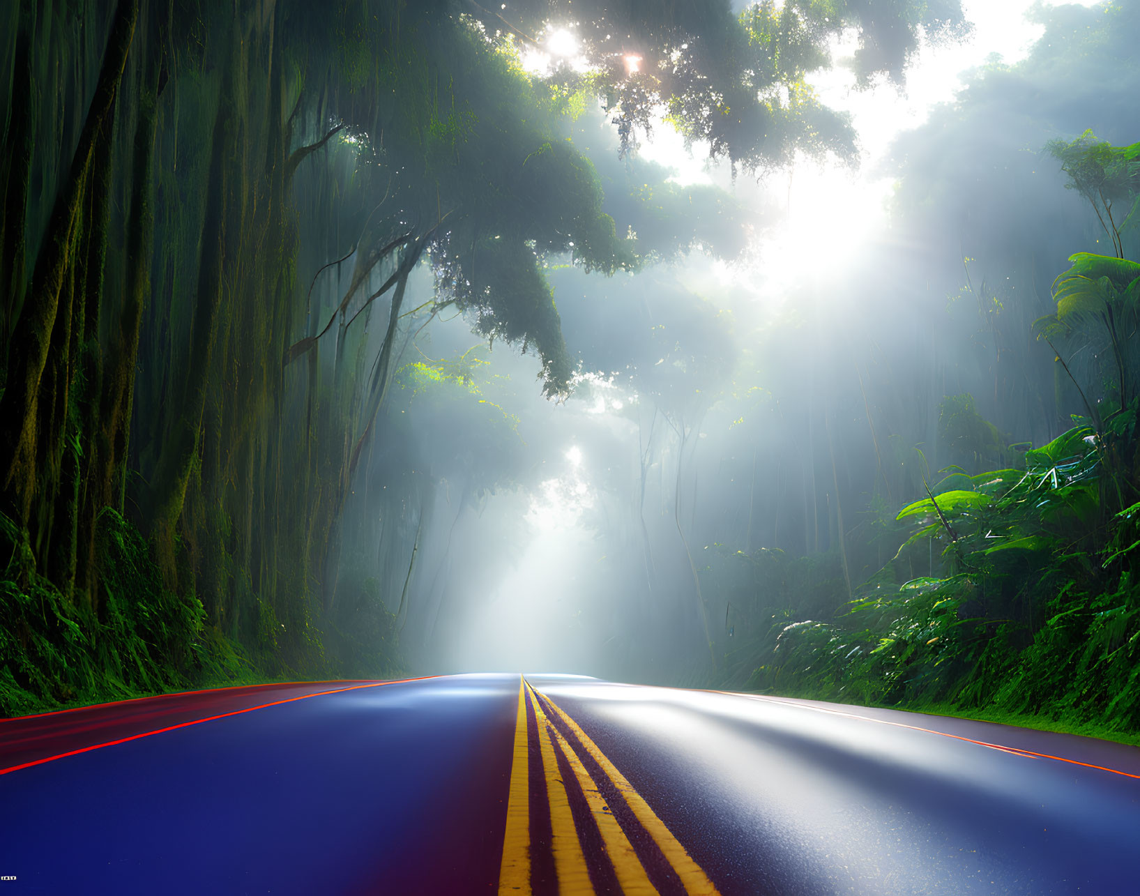 Sunlight through mist in lush green forest with vibrant road markings