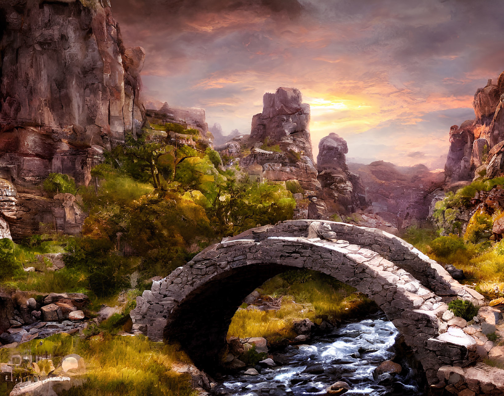 Ancient stone bridge over serene stream amidst dramatic sunset sky
