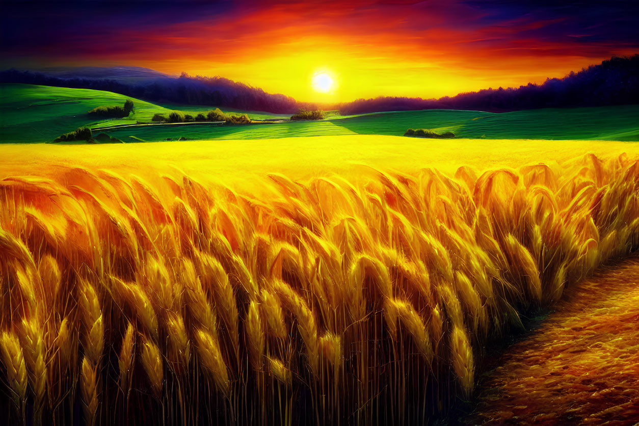 Vibrant sunset over golden wheat field with orange and red sky hues