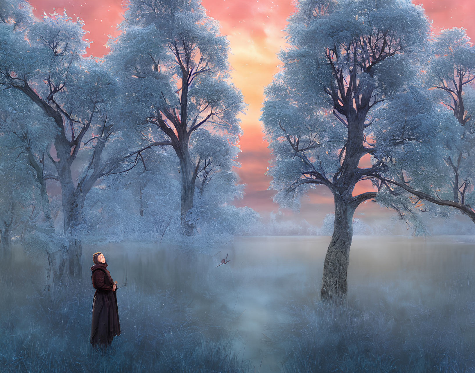 Cloaked figure in misty forest under colorful sky
