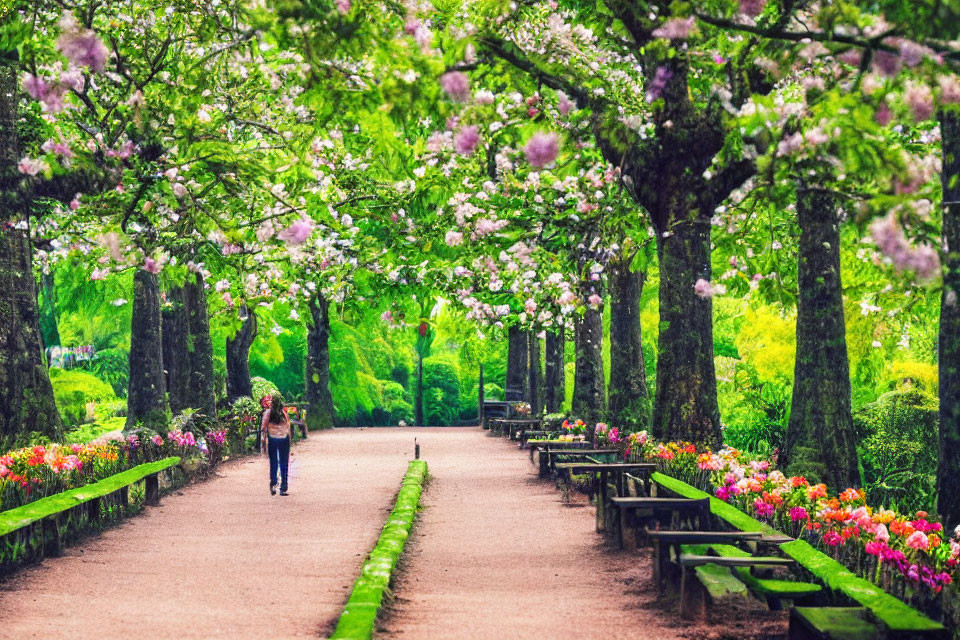 Tranquil park path with cherry trees, tulips, person walking, and benches