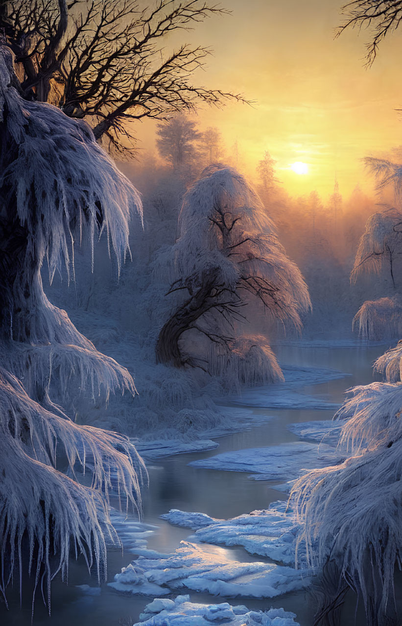 Tranquil Winter Landscape with Frost-Covered Trees and River