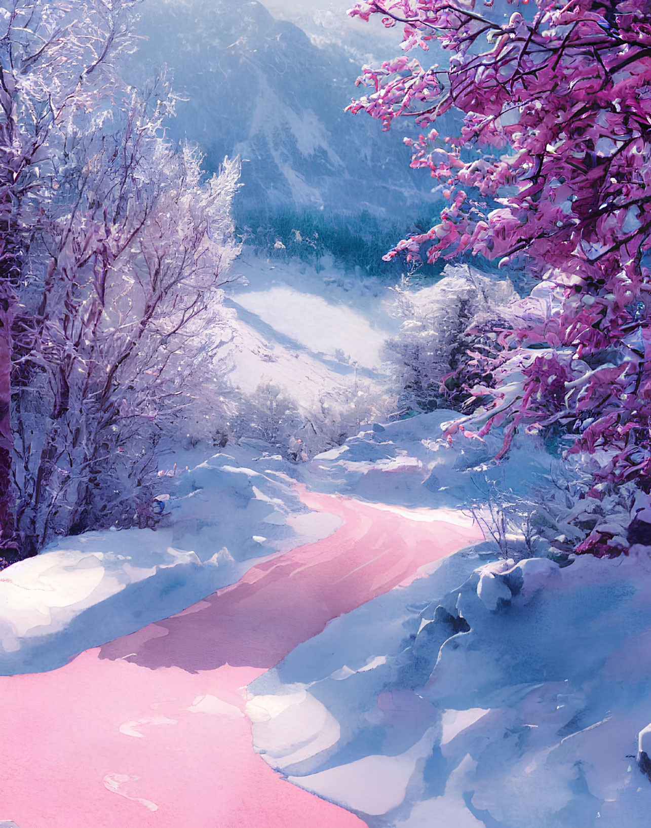 Snowy landscape with pink path among frost-covered trees