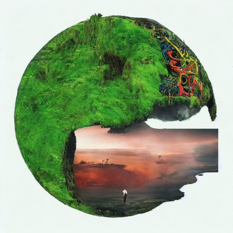 Surreal collage of globe, landscapes, abstract patterns & silhouette against sunset