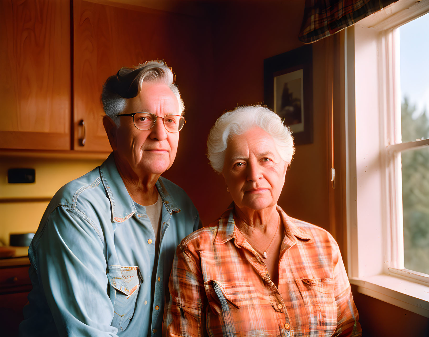Elderly Couple with White Hair in Blue and Orange Shirts Sitting Indoors