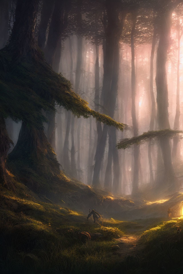 Mystical forest with towering trees and sunbeams, small figure and deer.