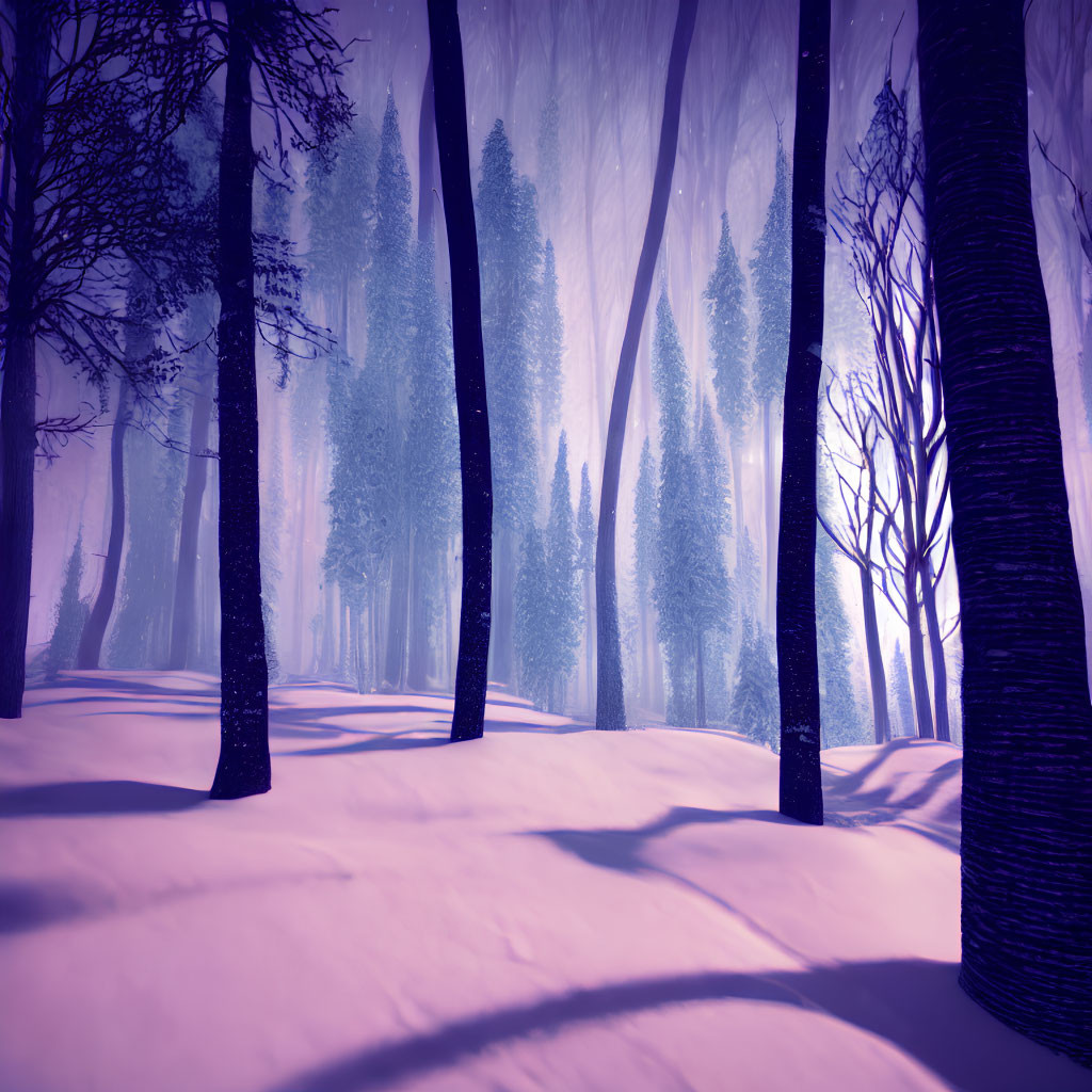 Snowy Forest with Tall Bare Trees in Purple Tint