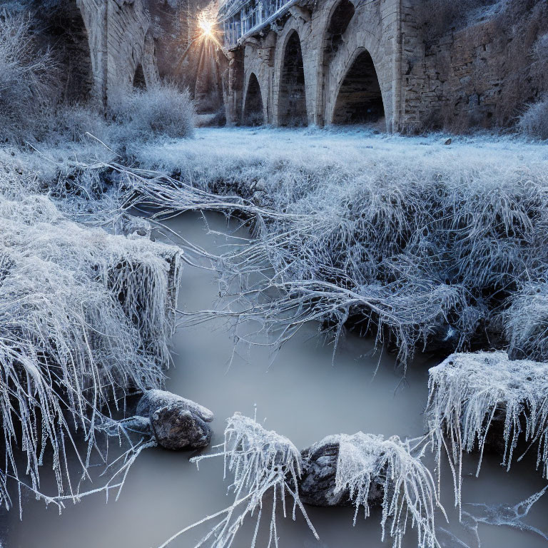 Stone bridge over frosty river with sunbeams and icy landscape
