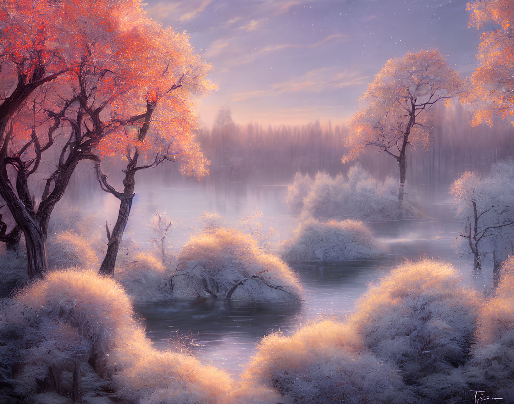 Frost-covered landscape at dawn with warm light on autumnal trees