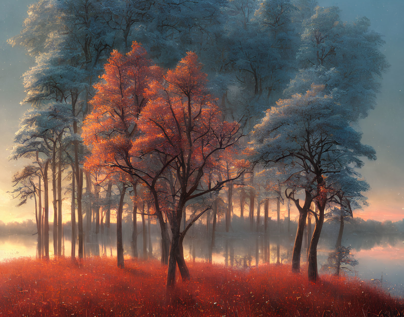 Twilight forest scene: fiery orange and icy blue foliage, mist, soft glowing light