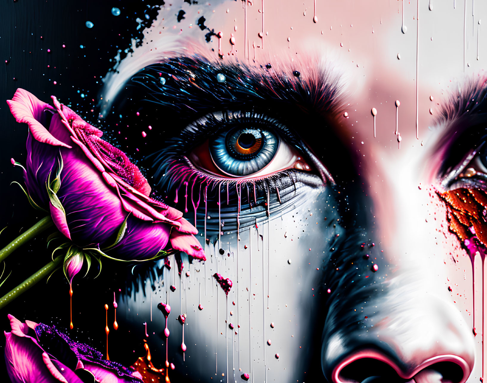 Colorful digital artwork: Close-up human eye with dripping effect and detailed flower