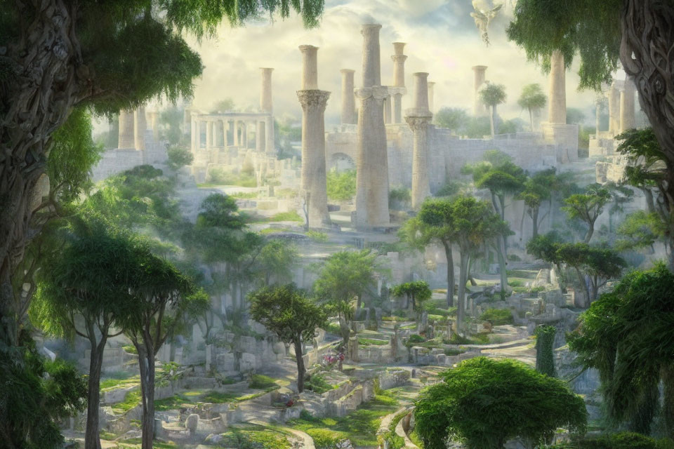 Towering columns in lush ancient ruins landscape