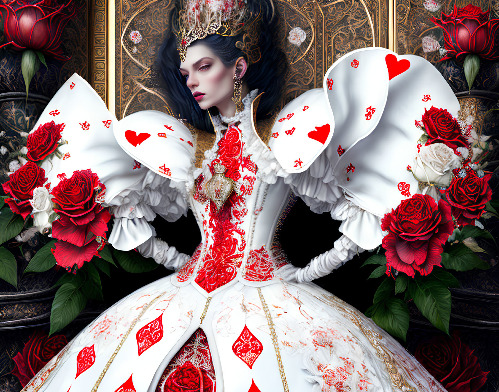 Elaborate red and white dress with playing card and rose motifs on woman in queen's crown against
