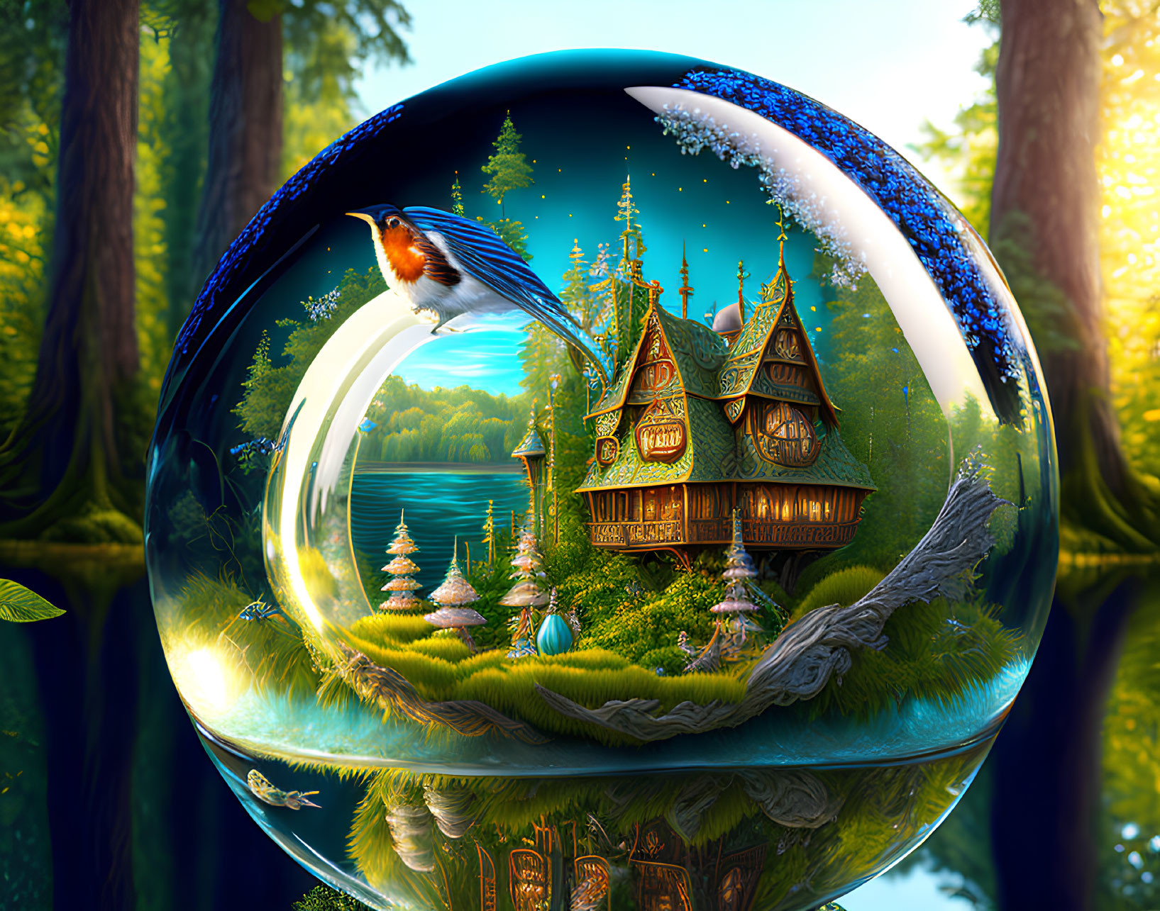 Crystal Ball with Bird Perched in Enchanted Forest Scene