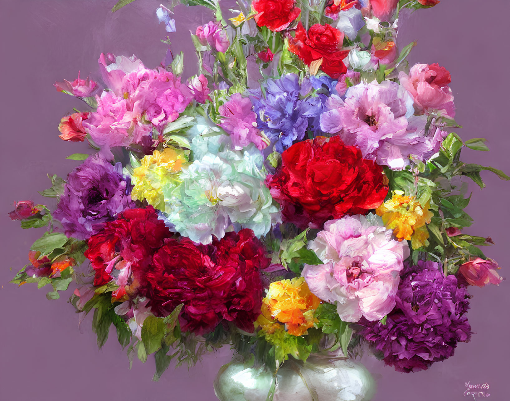 Assorted vibrant flowers in red, purple, pink, and yellow against a painterly purple background