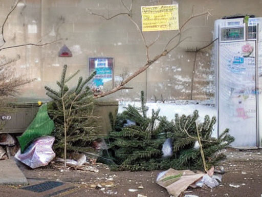 Abandoned Christmas trees and trash in urban setting with vending machines.