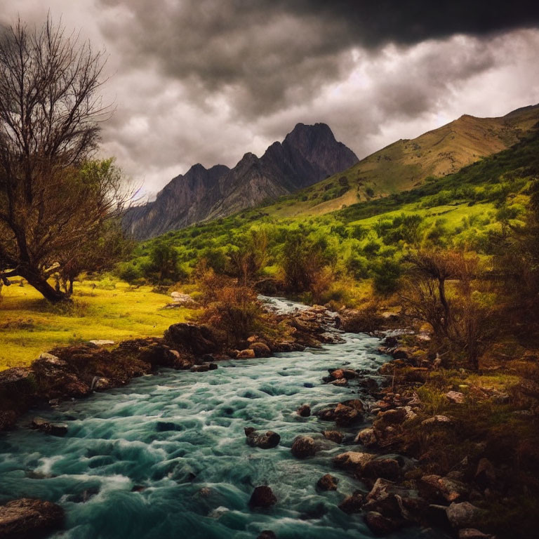 Turbulent Turquoise River in Verdant Valley with Dark Mountains