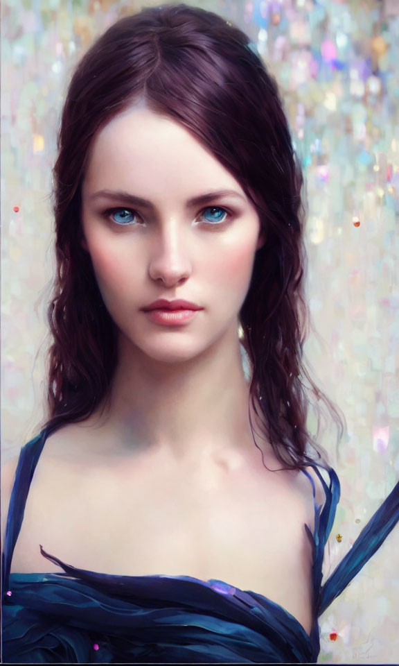 Portrait of young woman with dark hair and blue eyes on pastel background