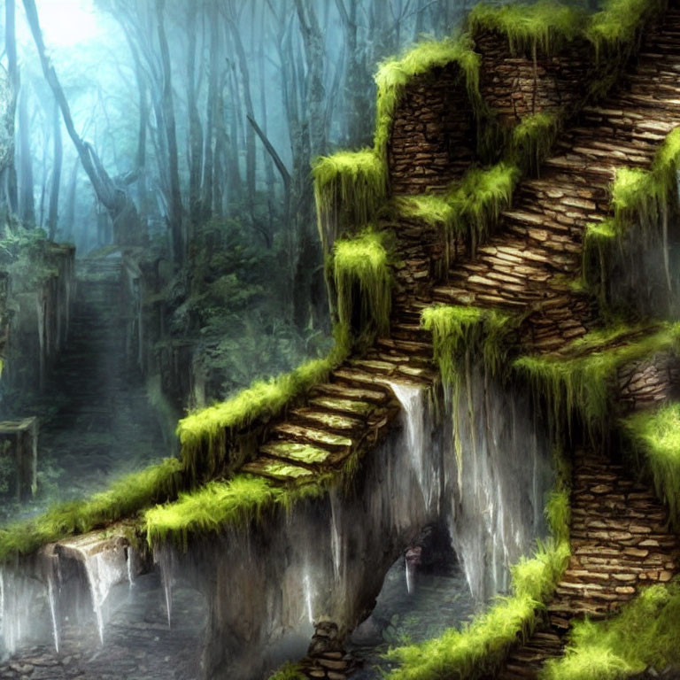 Moss-covered stone staircase in foggy forest with lush greenery