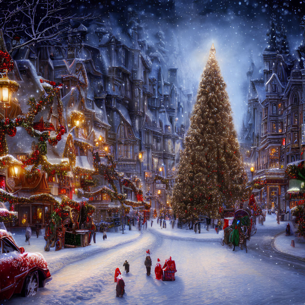 Winter Scene: Large Christmas Tree, Snow-Covered Streets & Festive Decorations