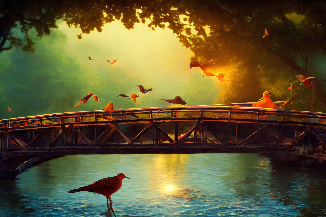 Tranquil wooden bridge over water with birds, sunlit mist, and lush greenery