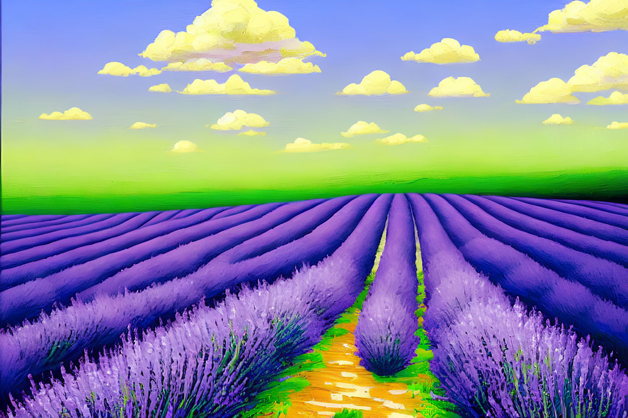 Colorful painting: Lavender field, stone path, bright sky with fluffy clouds