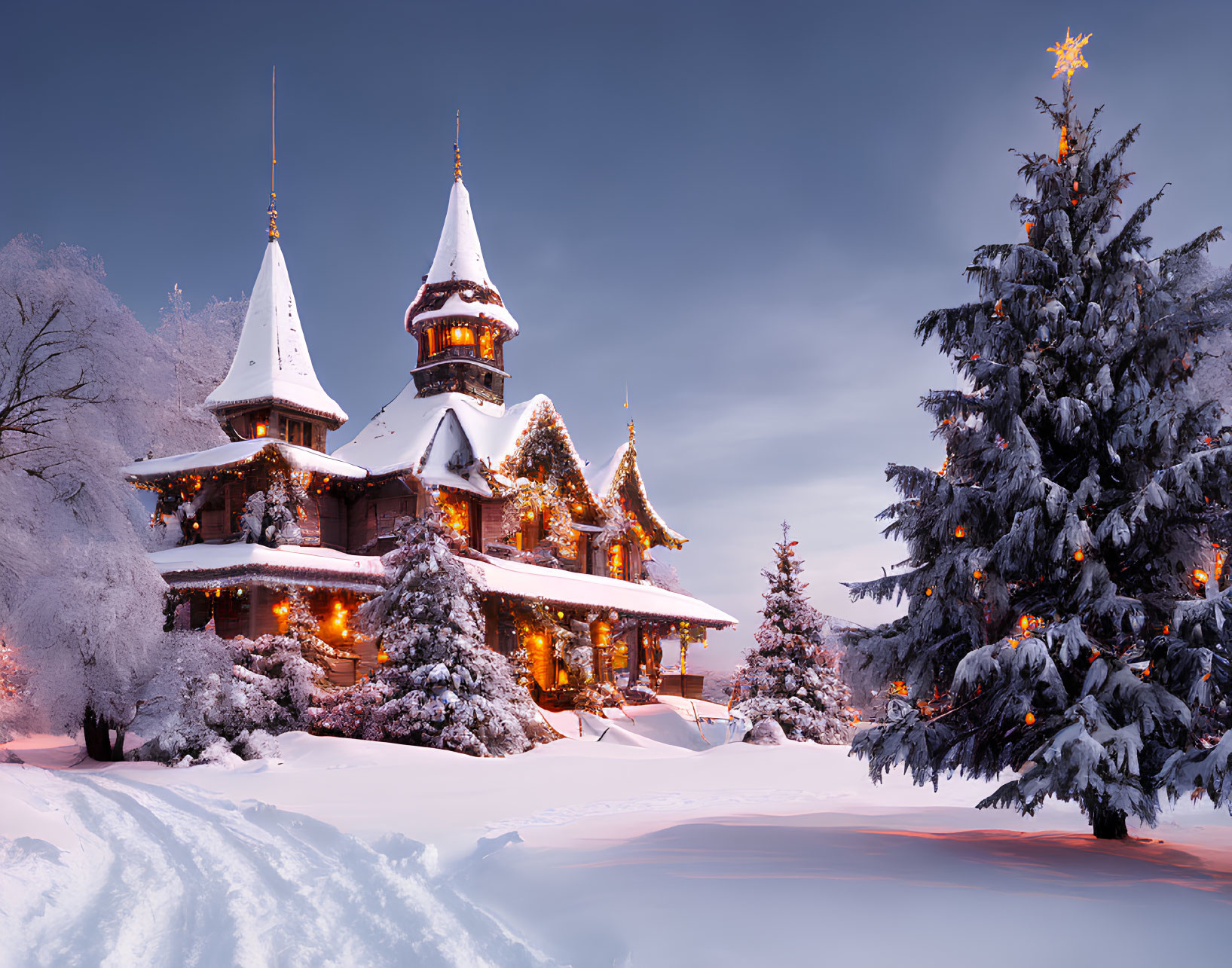 Snowy Twilight Scene: Decorated Chalet & Trees in Festive Winter Setting