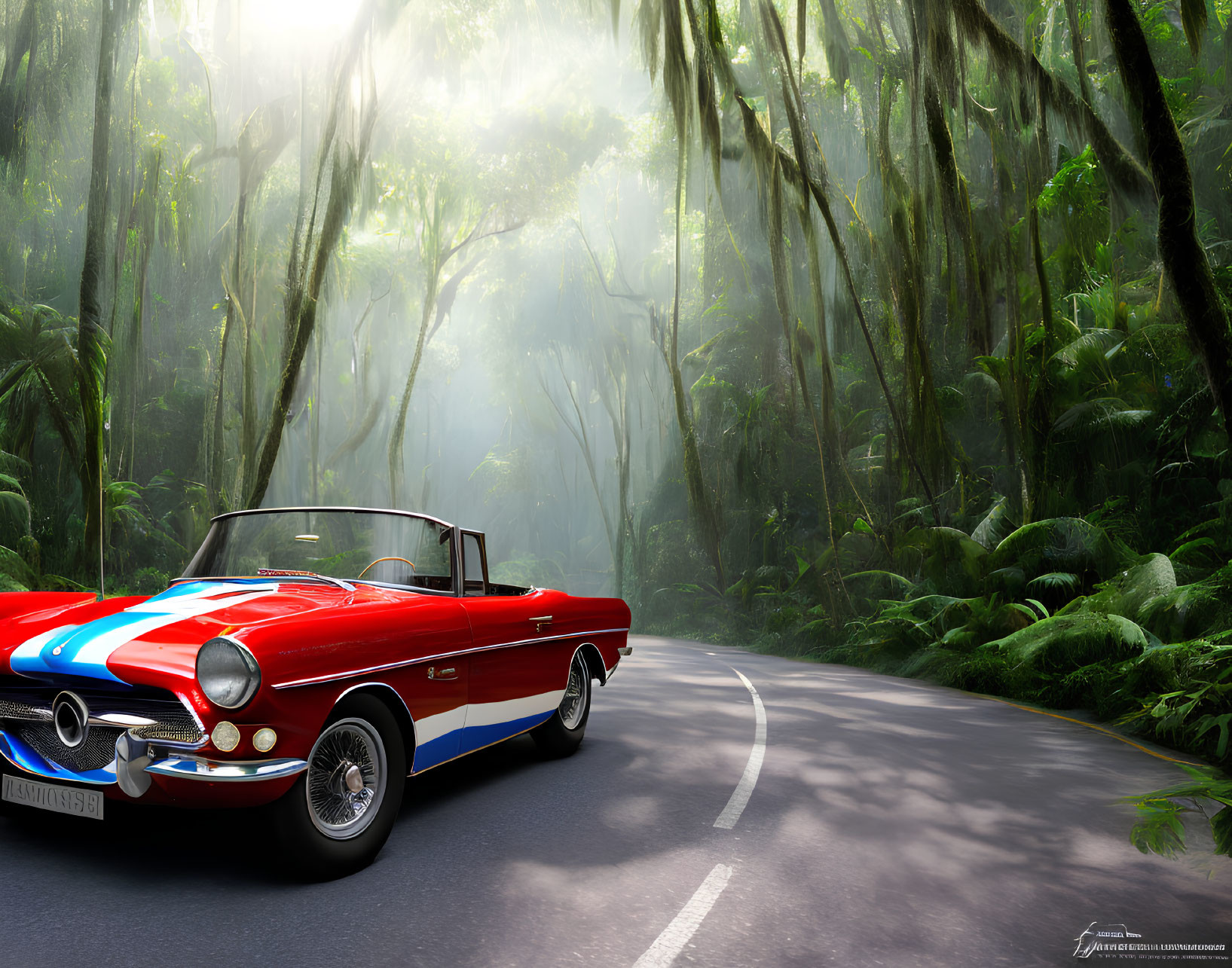 Red and White Convertible Car in Forest Setting