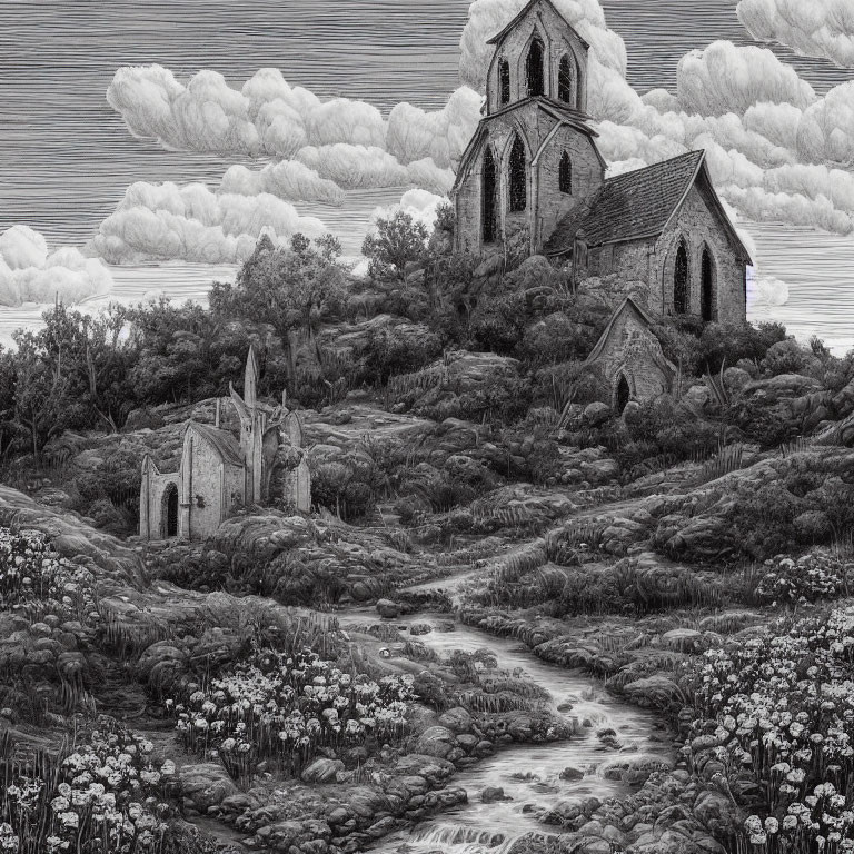 Monochrome rural landscape with old church, damaged roof, overgrown foliage, stream, flowers