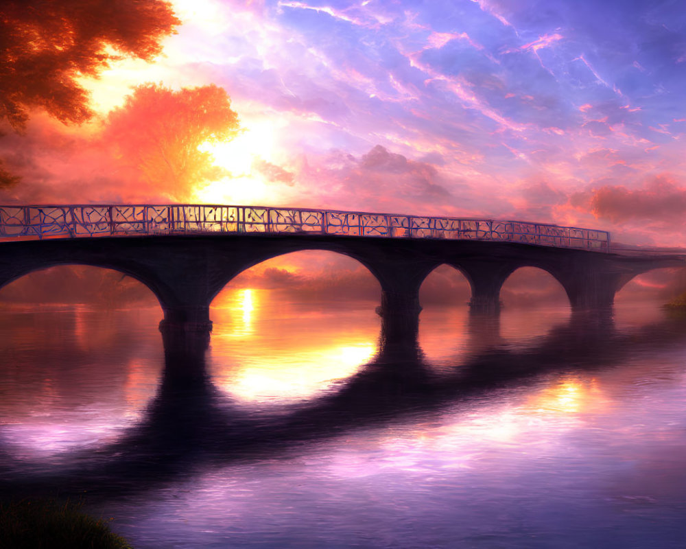 Scenic bridge over tranquil river at sunset