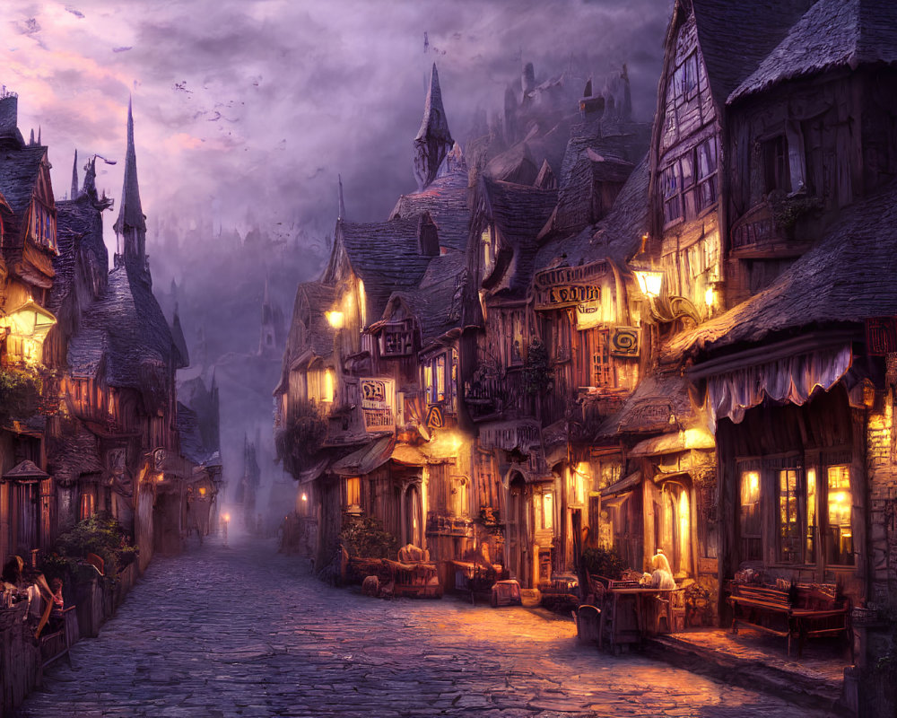 Charming cobblestone street in old-time village at dusk
