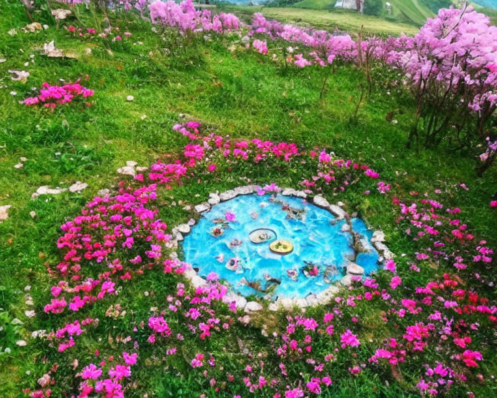 Colorful flower-filled meadow with circular blue pond and green hills