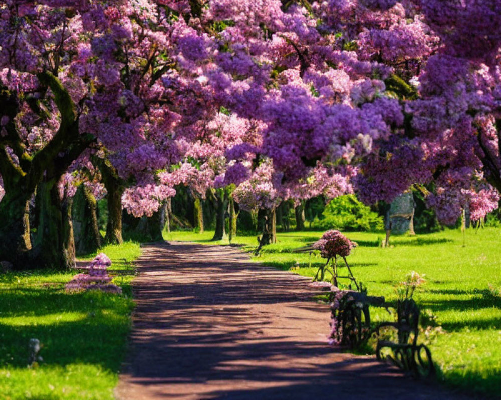 Tranquil path with pink cherry blossoms and benches under sunny sky