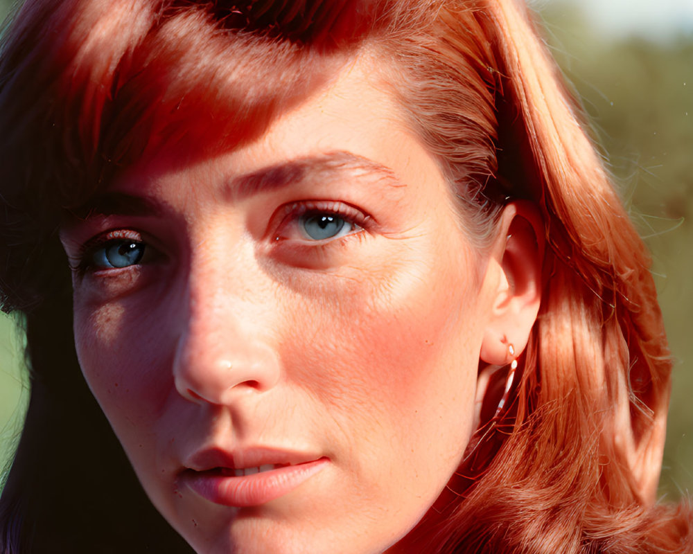 Portrait of person with short auburn hair and blue eyes wearing earring on green background