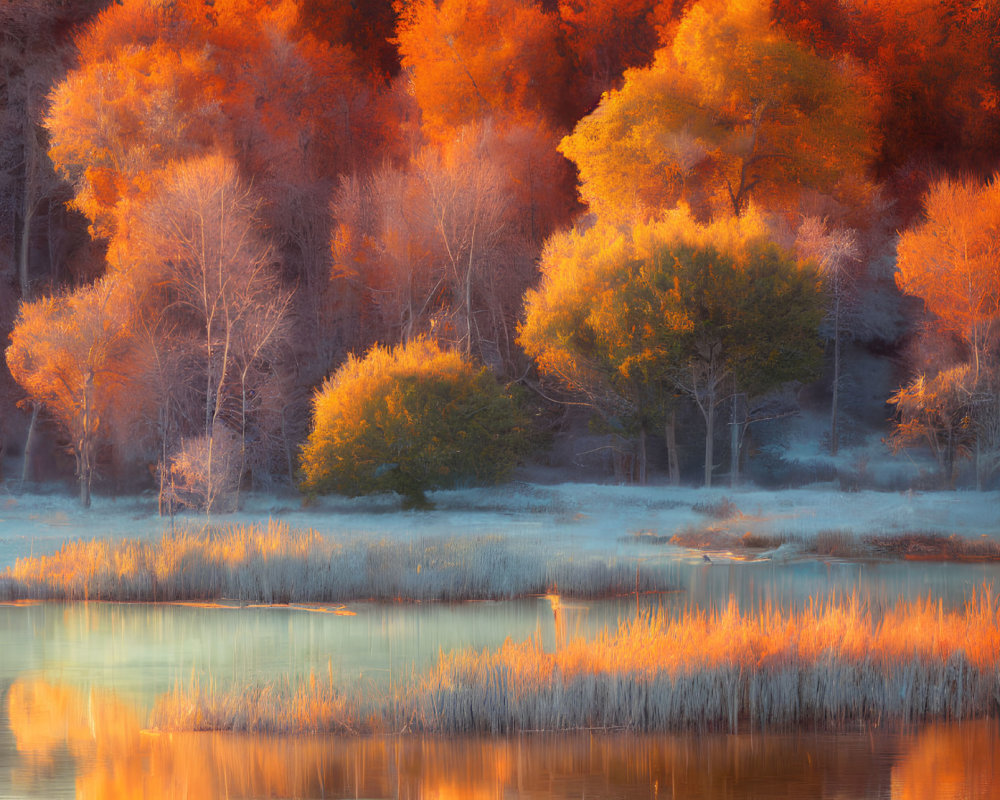 Tranquil autumn landscape with orange and yellow trees by a misty lake
