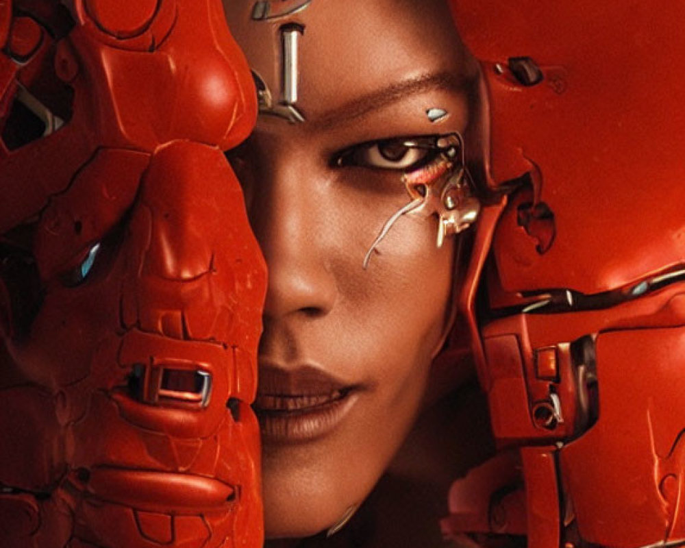 Futuristic red mechanical structure with visible eye