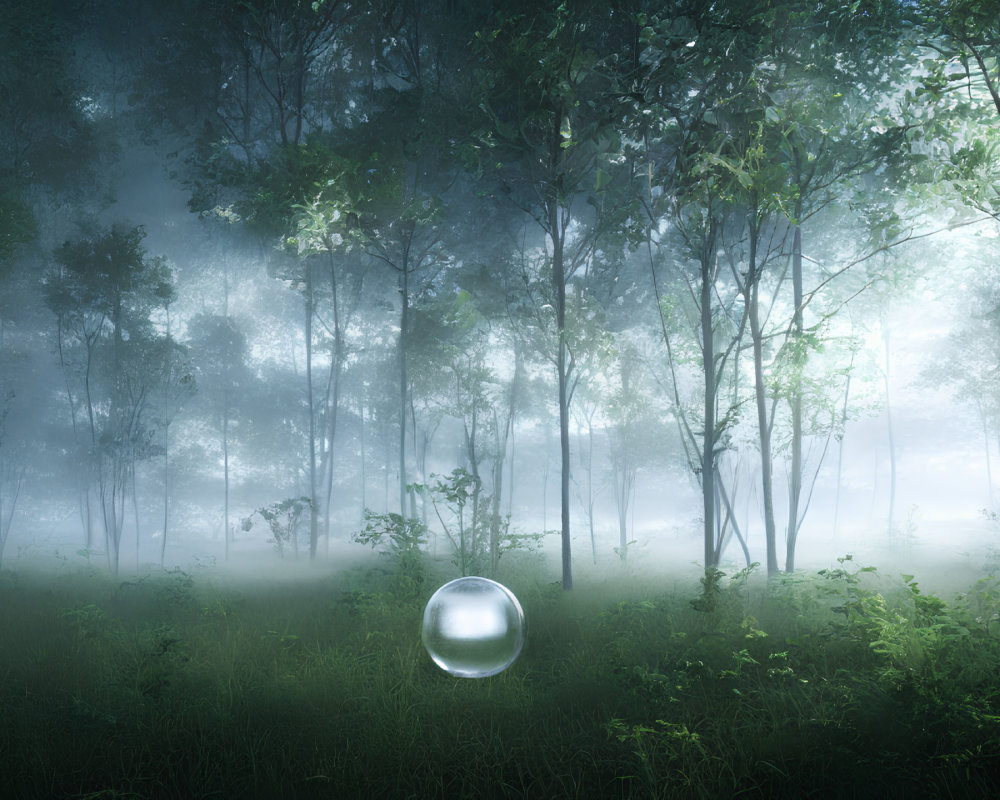 Misty forest scene with translucent sphere in soft light