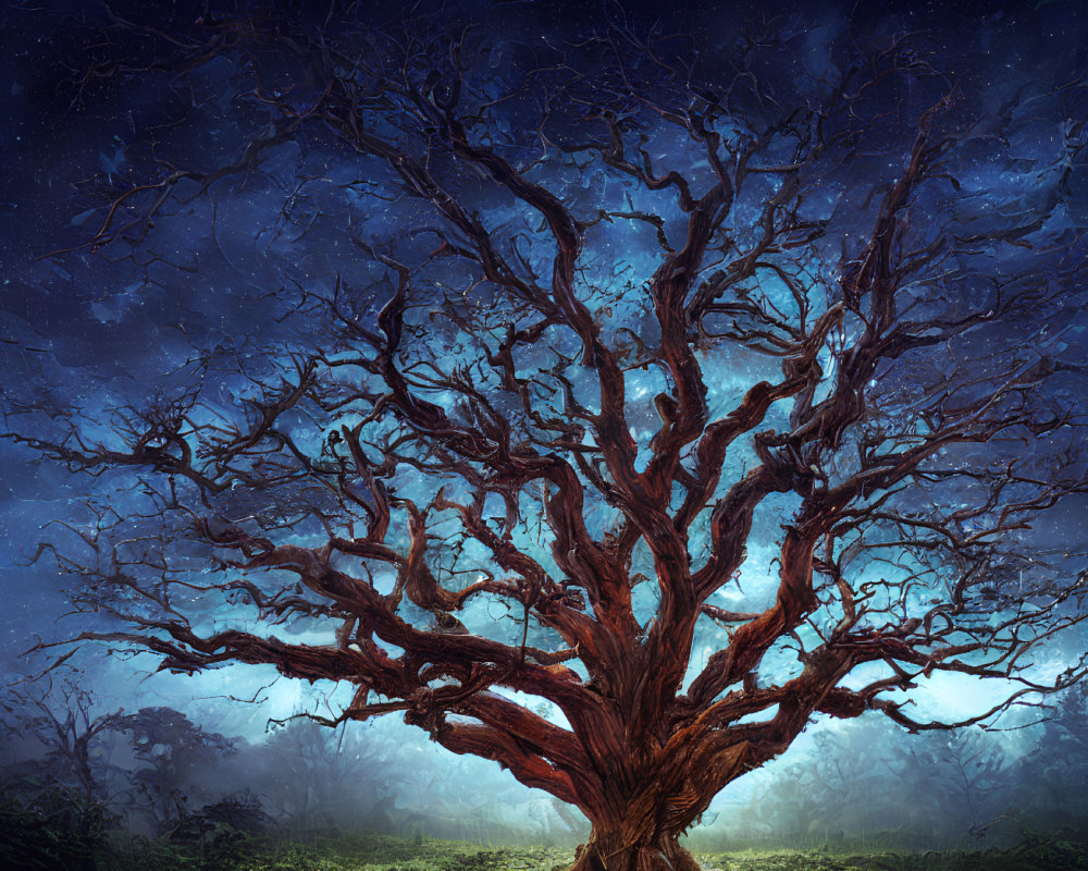 Enchanting starry night scene with mystical tree and foggy base