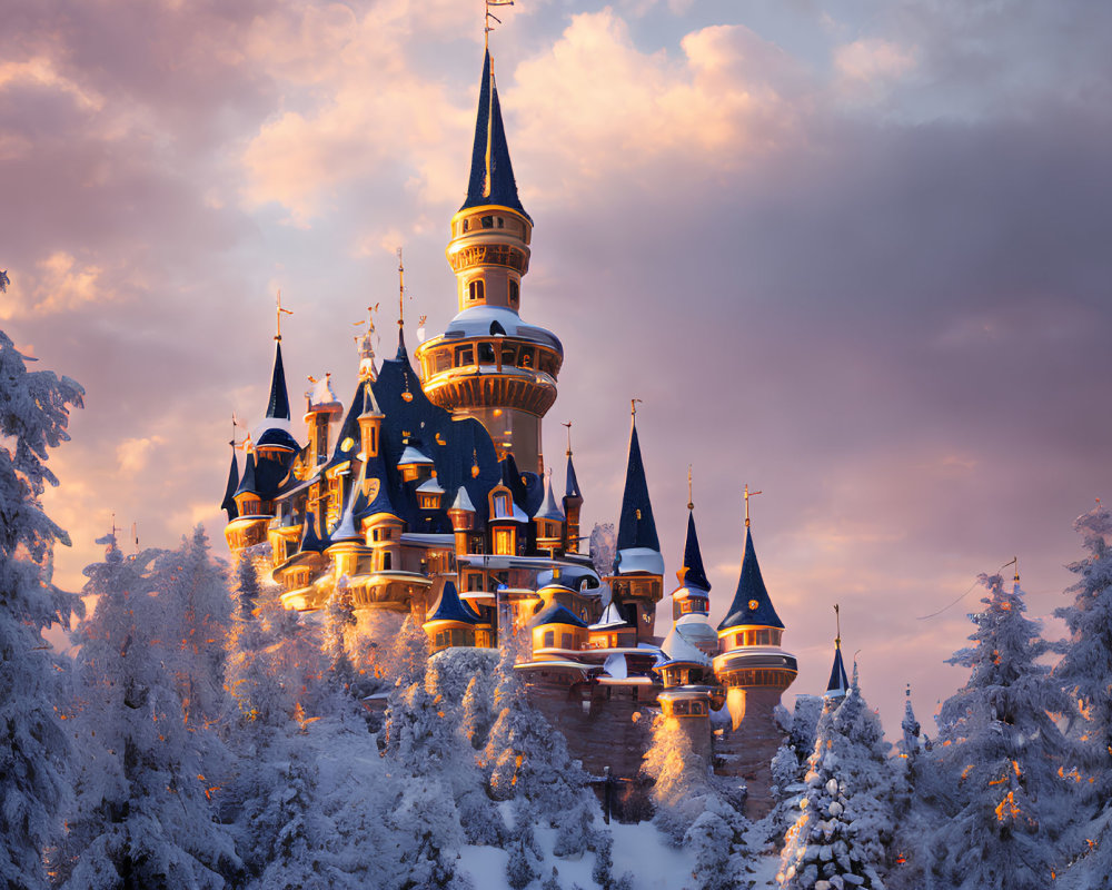 Majestic castle with blue rooftops in snowy landscape at sunrise or sunset